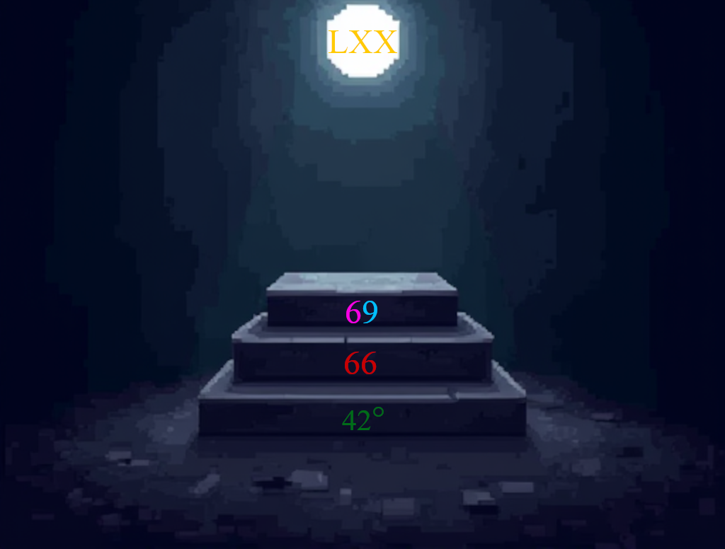 A three-tiered pedestal in a cave. The first step says 42 degrees and is dark green in color, the second step says 66 in dark red, and the third step consists of a pink 6 and a blue 9. High above the pedestal is the opening to the outside world, with LXX written in gold in the center.